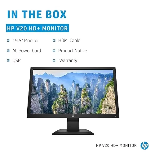 HP V20 19.5 inch(49.53 cm) Monitor HD+1600 x 900 Pixels Anti-Glare; Low Blue Light Mode, HDMI; VGA, 5ms Response time,VESA Mount, 2.81kg (1H848AA)