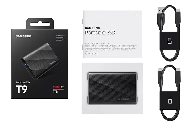 Samsung T9 Portable External SSD 1TB, USB 3.2, Speed up to 2,000 MB/s Read Speed, Storage for Professional Creators – videographers, Graphic Designers, Artists, MU-PG1T0B/WW, Black